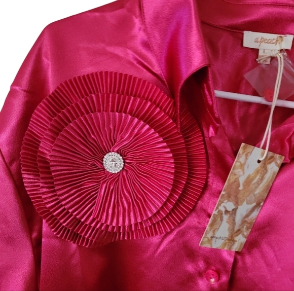 Boutique Fuchsia Pink Satin Button Up Mini Shirt Dress Belted Long Sleeve - Picture 10 of 15